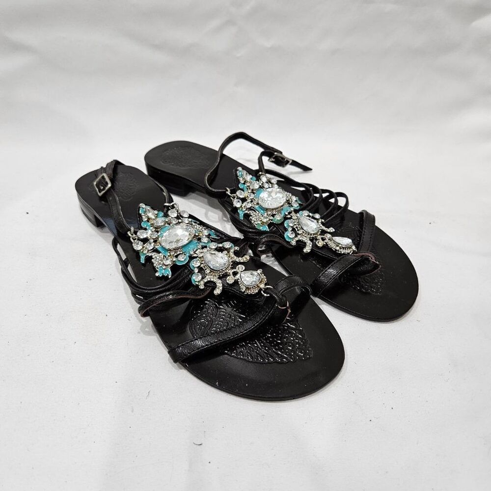Naughty Monkey Black Leather Jeweled Rhinestone Gladiator Sandals Womens 7.5